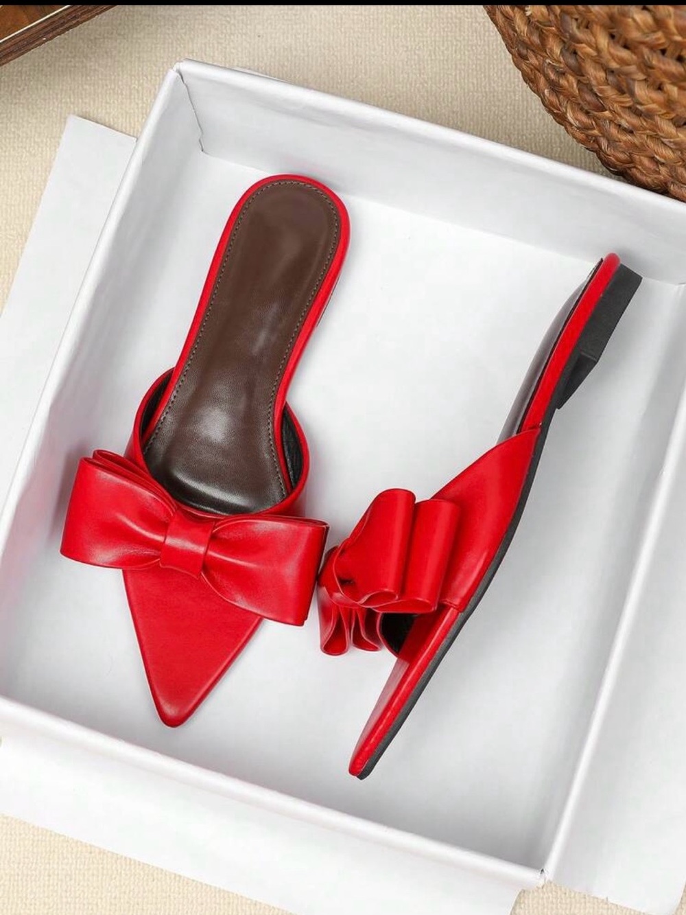 Womenβs Red Bow Pointed-Toe Slide Mules